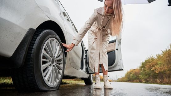 A lady stands near a car, using an umbrella for protection against the elements.